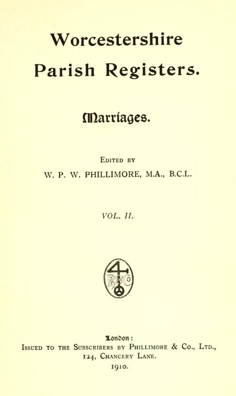 Worcestershire Parish Registers. Marriages. Frontispiece